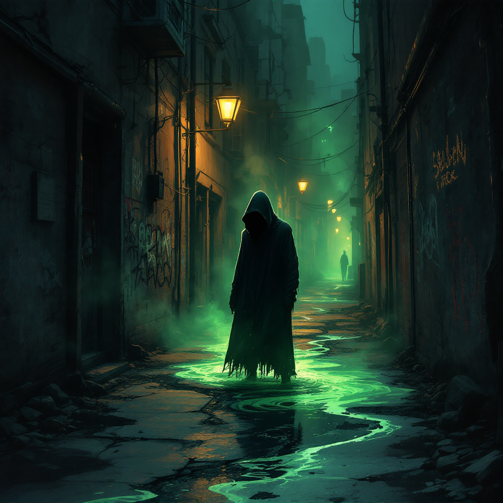 A shadowy figure cloaked in black stands in a foggy alley, illuminated by eerie green light and flickering street lamps, evoking the unseen horrors that linger nearby.