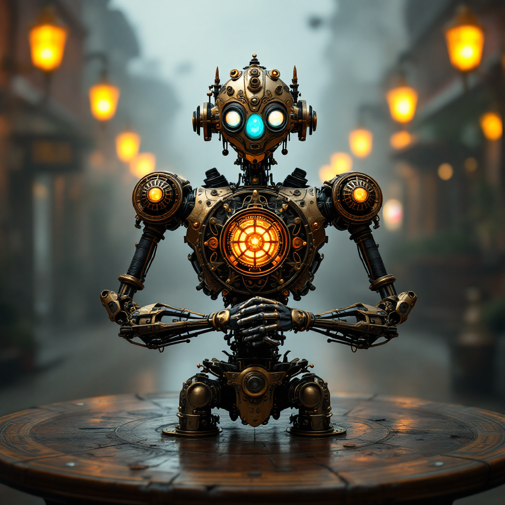 A steampunk-inspired robot sits at a round table, illuminated by warm street lamps in a misty alley. The scene evokes a sense of intrigue, reflecting the quote about betting on someone.