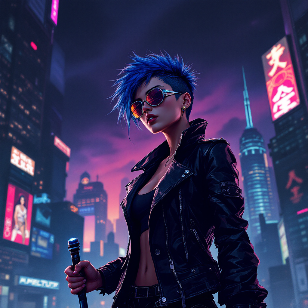 A confident figure with blue hair and sunglasses stands in an illuminated cityscape, embodying self-respect against a backdrop of vibrant neon lights.