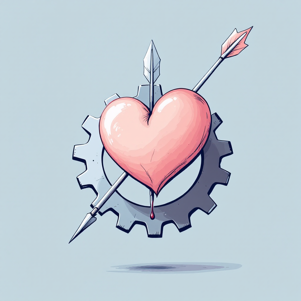 A pink heart pierced by an arrow rests on a metallic gear, symbolizing love as a complex game, echoing the quote about love's ruthless nature and the importance of playing it well.