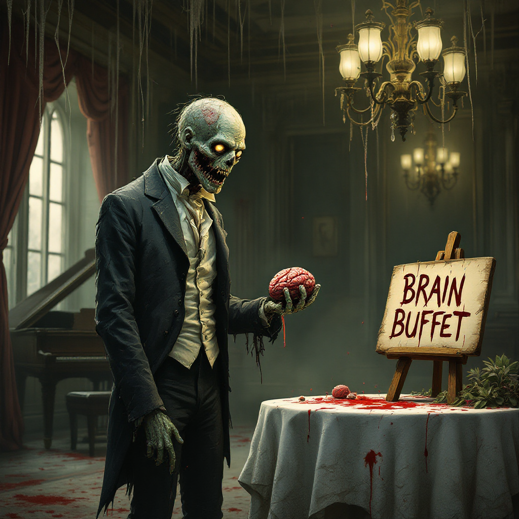 A sophisticated zombie in a dimly lit room, holding a brain, stands beside a table marked Brain Buffet, blending humor and horror inspired by a classic literary quote.