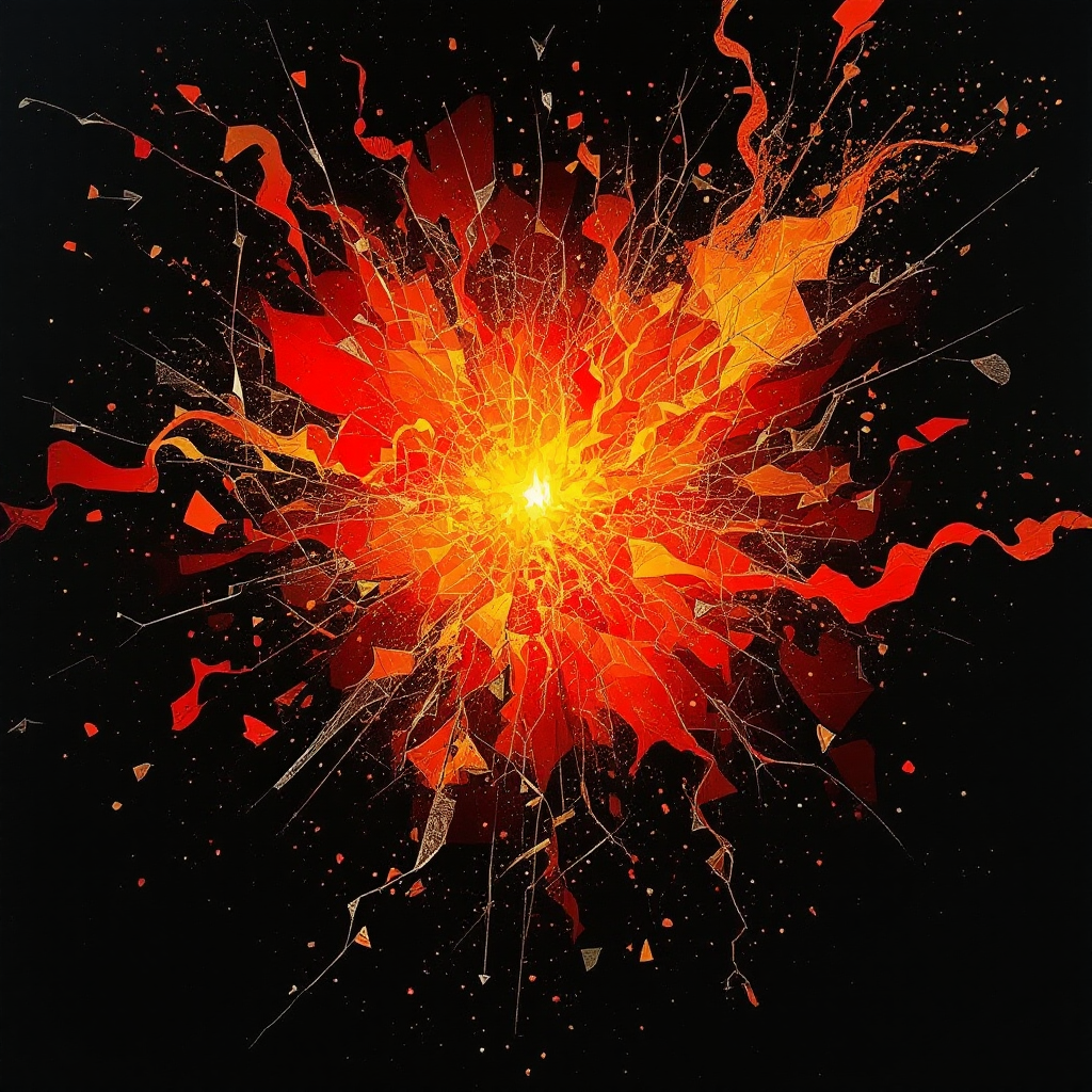 An explosive burst of fiery reds and oranges radiates from a bright center against a black background, symbolizing the intense impact of confronting truth as described in the quote.