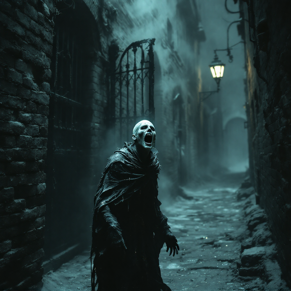 A shadowy figure in tattered clothing stands in a foggy alley, illuminated by a solitary lantern, evoking the haunting essence of unseen horrors lurking nearby.