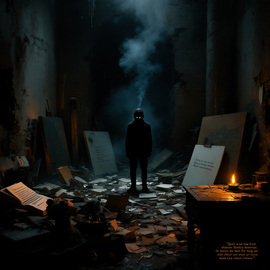 A shadowy figure stands in a dimly lit room filled with scattered papers and debris. Smoke drifts above, while unsettling walls display disordered remnants of creation and destruction.