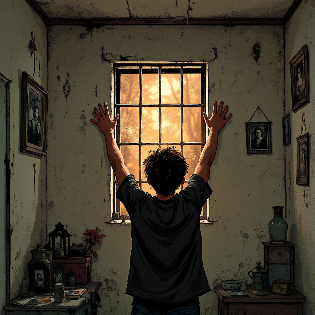 A young person stands with raised arms in a dimly lit room, facing a barred window that reveals a bright, hopeful outdoor scene, symbolizing a desire for freedom from family constraints.