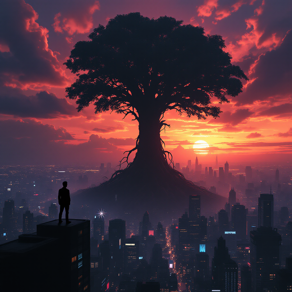 A silhouetted figure stands on a building, gazing at a massive tree with sprawling roots rising above a vibrant city skyline at sunset, symbolizing hidden truths beneath the surface.