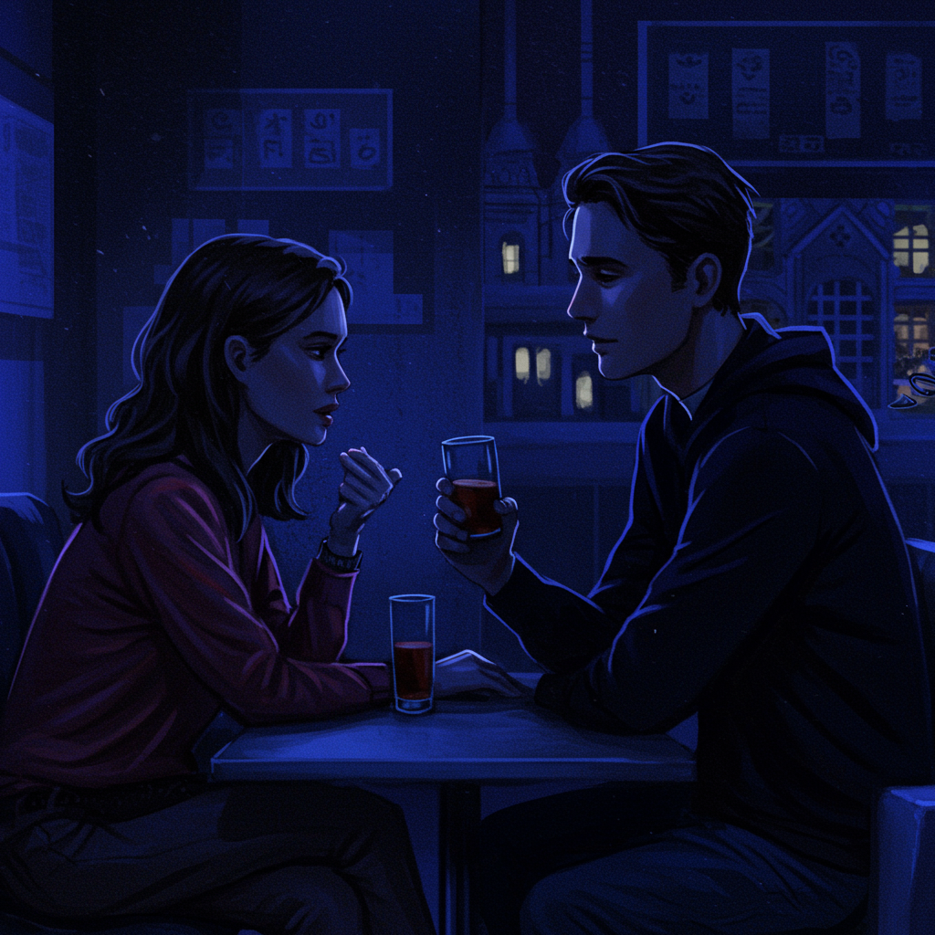 Two people sit across a table in dim blue light, their drinks in hand, eyes locked, capturing the quiet, unspoken rhythms beneath their conversation.