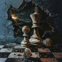 A wall is shattered, revealing a stormy sky. On a checkered floor, giant, broken chess pieces stand and lie scattered, capturing the essence of the quote, I didn’t switch sides. I stopped playing.