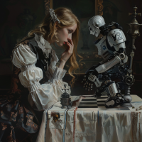 A woman in period attire and a robot sit across from each other at a chessboard. The scene is inspired by the quote, I didn’t switch sides. I stopped playing.