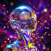 A vibrant, abstract figure with a glossy, multicolored surface gazes upward, surrounded by shimmering light particles against a dark, cosmic background.