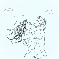 A joyful embrace between a couple with windswept hair, capturing the sentiment of reunion and the happiness that follows parting, against a serene blue sky with clouds.