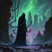 A shadowy figure draped in dark robes stands amidst a desolate, futuristic cityscape, bound by chains, evoking the haunting struggle between truth and freedom.