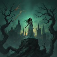 A dark, eerie landscape features a ghostly figure in a flowing white dress, standing on a rocky outcrop amid twisted trees, against a backdrop of ominous towers and stormy skies.