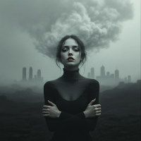 A young woman stands with her arms crossed, gazing at the viewer. Dark clouds loom above a distant skyline, evoking a sense of fear and resilience, reflecting the quote about overcoming fear.