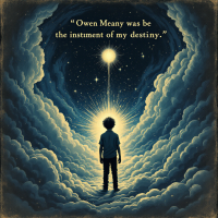 A silhouette of a child stands before a swirling sky of clouds, illuminated by a bright light above. The quote, “Owen Meany was the instrument of my destiny,” is displayed above.