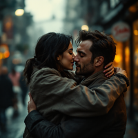 A couple embraces tenderly in a bustling, rain-soaked street, embodying the essence of love as a powerful act of resistance against the world around them.