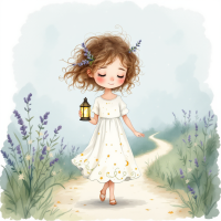 A young girl in a white dress strolls along a path, holding a lantern, surrounded by lavender plants, embodying the journey of seeking truth and embracing doubt.