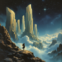 A lone figure stands on a rocky outcrop, gazing at towering golden structures piercing a starry sky, surrounded by swirling clouds, embodying the potential of imagination and the unseen.