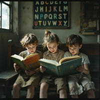 Three children sit together on a wooden bench, engrossed in their books, amidst a warm, softly lit room, embodying the dreams that unite them, as words of imagination fill the air.