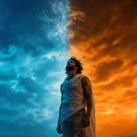 A figure stands between dramatic blue and orange clouds, symbolizing the tension between mortality and divinity, evoking the quote about gods envying human existence.