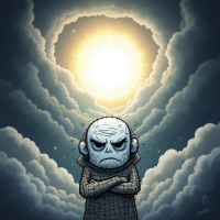 A grumpy figure stands with crossed arms under a bright, glowing sun amidst swirling clouds, embodying the quote about not wanting to go to heaven with a headache.