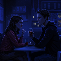 Two people sit across a table in dim blue light, their drinks in hand, eyes locked, capturing the quiet, unspoken rhythms beneath their conversation.