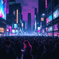 A crowded city street at night drenched in neon lights, with people absorbed in their own worlds, reflecting how busy lives keep them strangers to each other.
