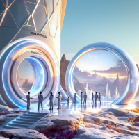Futuristic scene on Magrathea showing sleek hyperspatial portals and engineers overseeing the creation of custom-made luxury planets with exotic landscapes beyond.