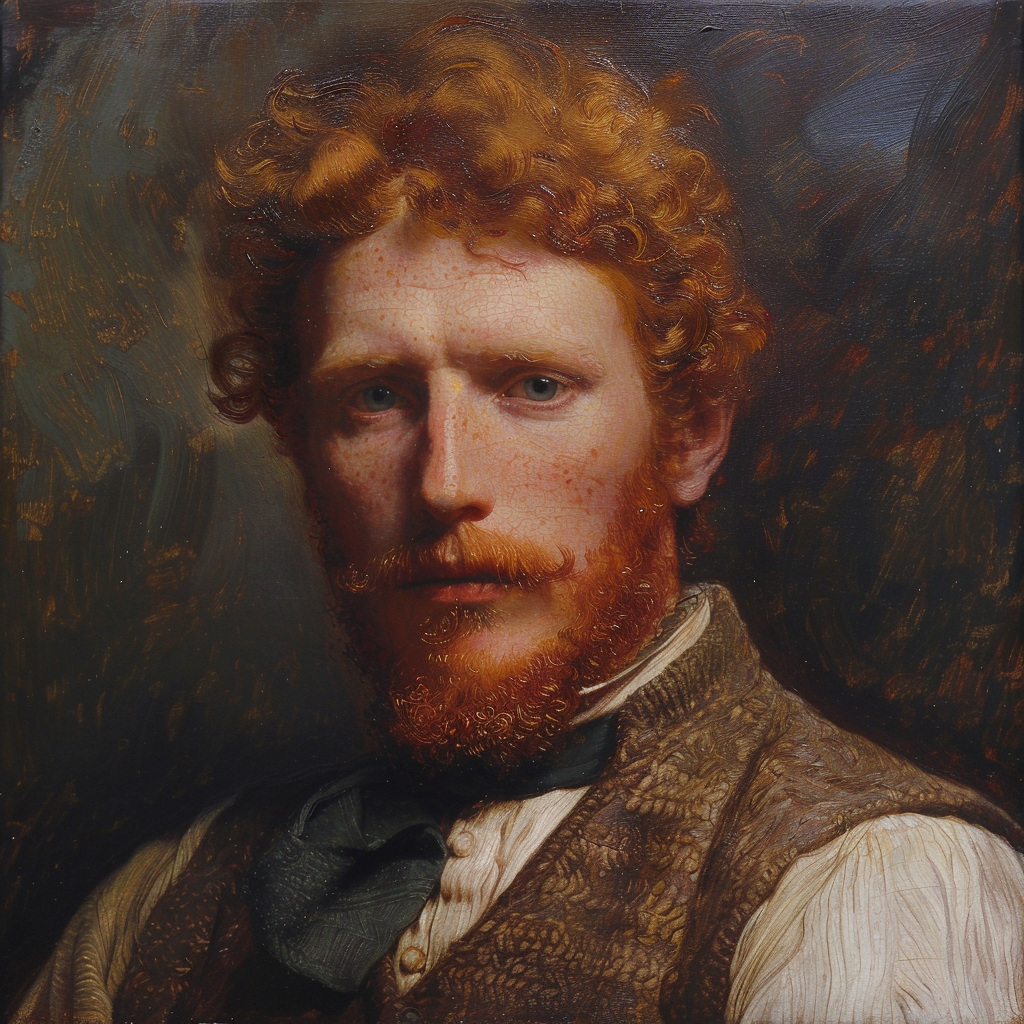 A burly, red-headed Yorkshireman with a full beard, depicted in a 19th-century portrait style. He wears a vest over a white shirt with a bow tie. This image represents Mortlock from the book quote.