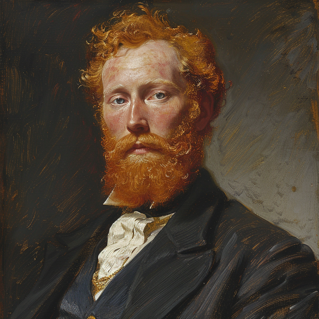 A portrait of a burly man with red hair and a beard, wearing a dark suit. He represents Mortlock, a Yorkshireman, from the quote. His intense gaze and traditional attire reflect a strong character.