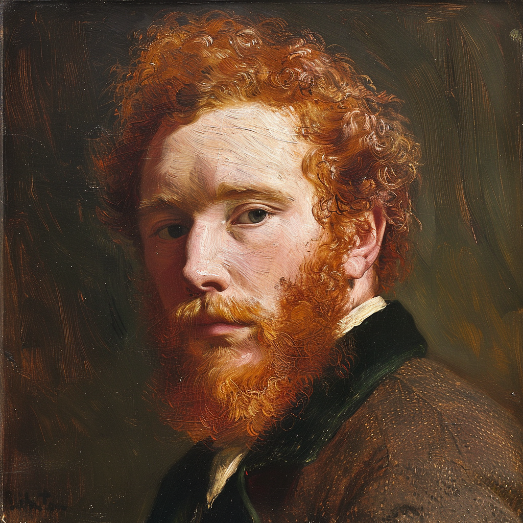 A painting of a burly man with curly red hair and a beard, representing Mortlock the Yorkshireman from the book quote, against a dark background.