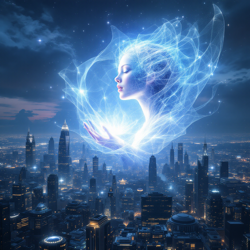 A luminous, ethereal figure of a woman emerges from swirling blue energy, hovering above a sprawling, illuminated cityscape under a twilight sky, symbolizing growth and consciousness.