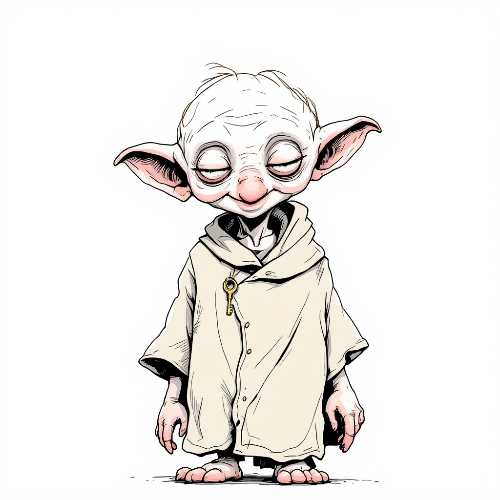 A whimsical illustration of Dobby, the house-elf, with oversized ears and a hint of a smile, wearing a simple beige cloak, embodying the joy of freedom with the quote, Dobby is free.