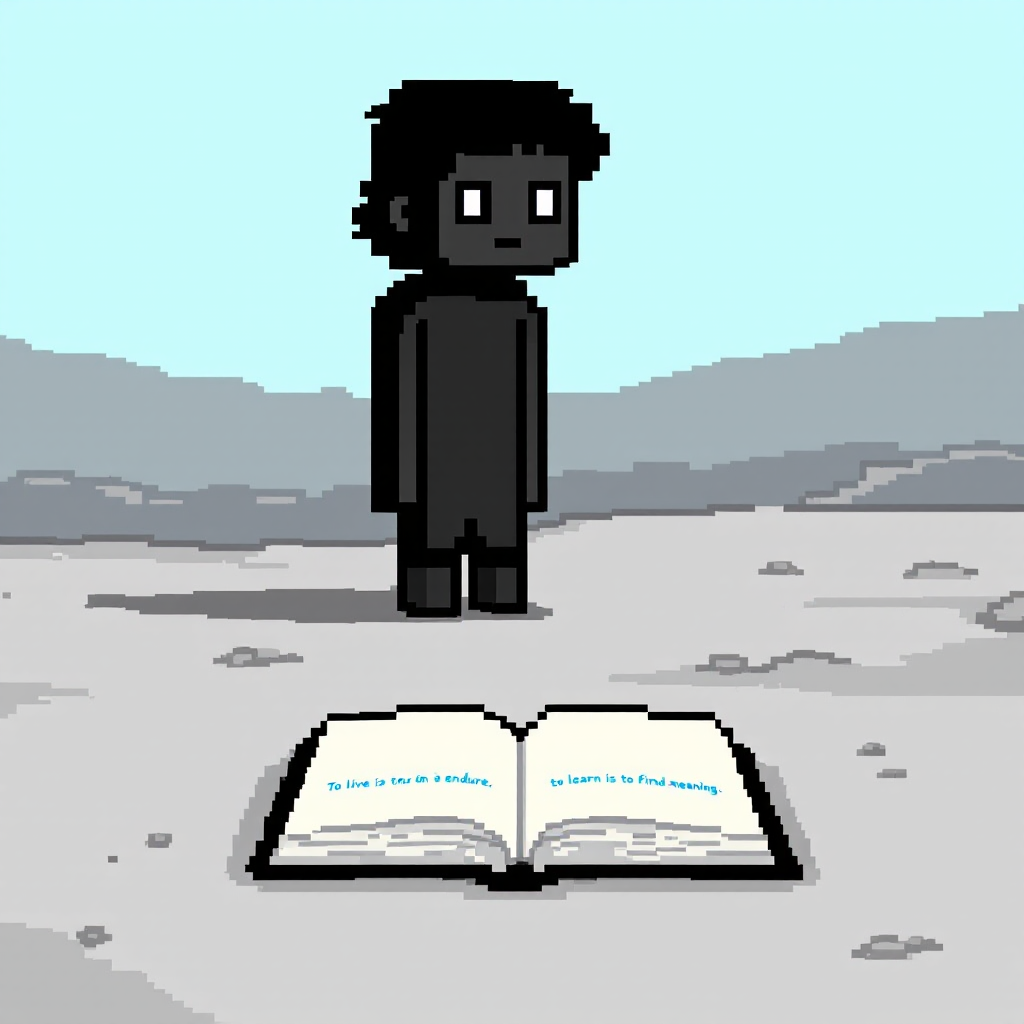 A lone figure stands in a barren landscape, gazing thoughtfully at an open book resting on the ground, embodying the journey of living, enduring, learning, and seeking meaning.