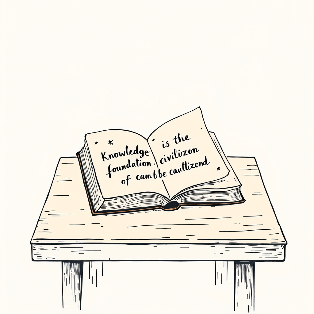 An open book rests on a simple wooden table, featuring the quote: Knowledge is the foundation of civilization; therefore, it can be taught. The illustration emphasizes the importance of knowledge.