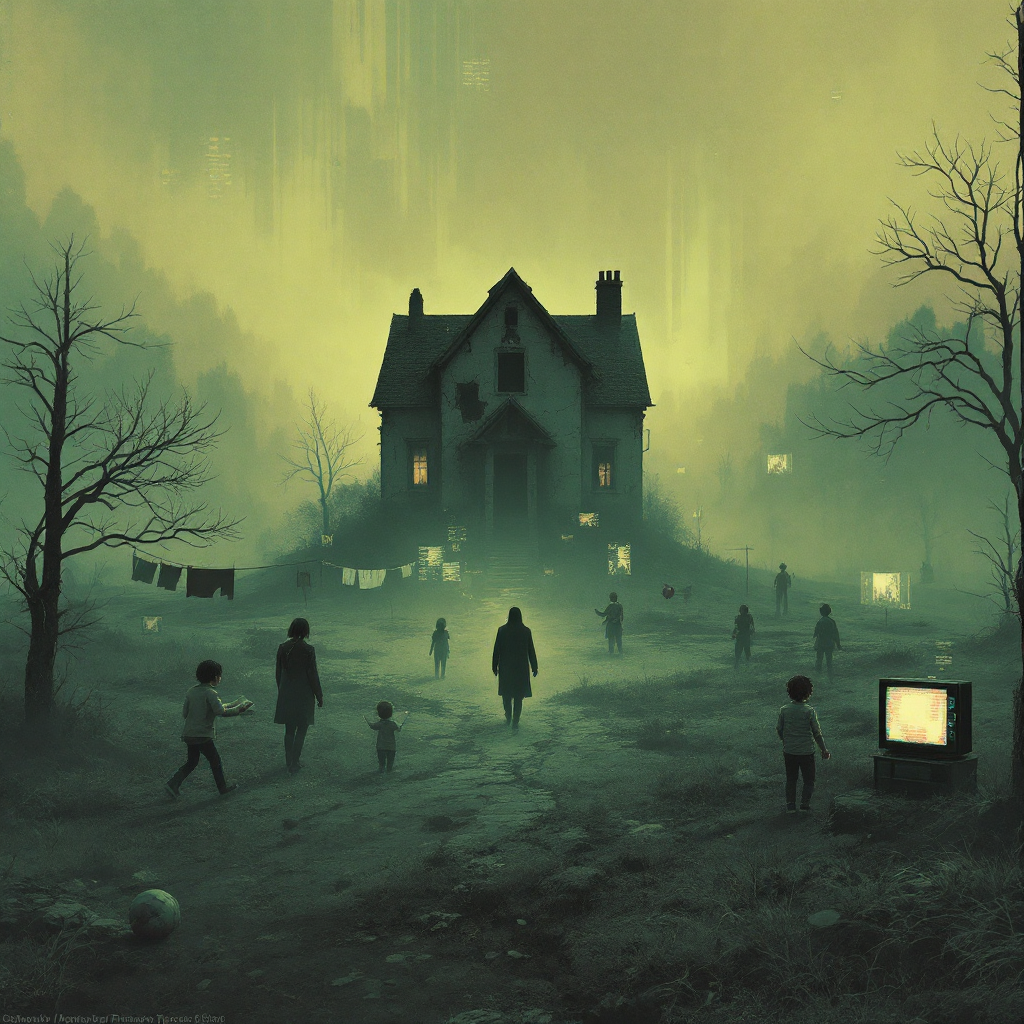 A mysterious, eerie landscape features a looming dark house, figures wandering in the fog, and a surreal green glow, embodying the extraordinary and mundane events of Area X.