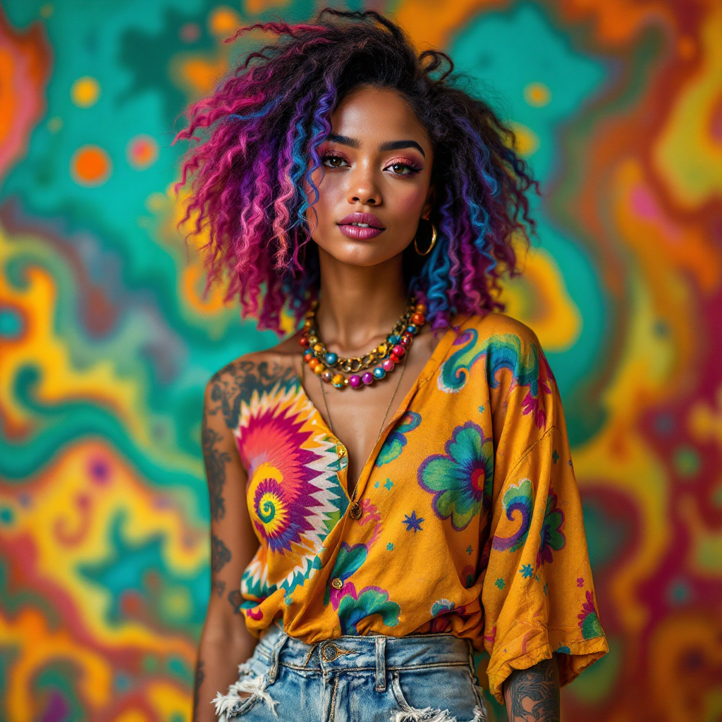 A person with vibrant, colorful hair styled in curls stands confidently against a vivid, psychedelic background, wearing a floral-patterned shirt and a bright necklace, embracing their uniqueness.