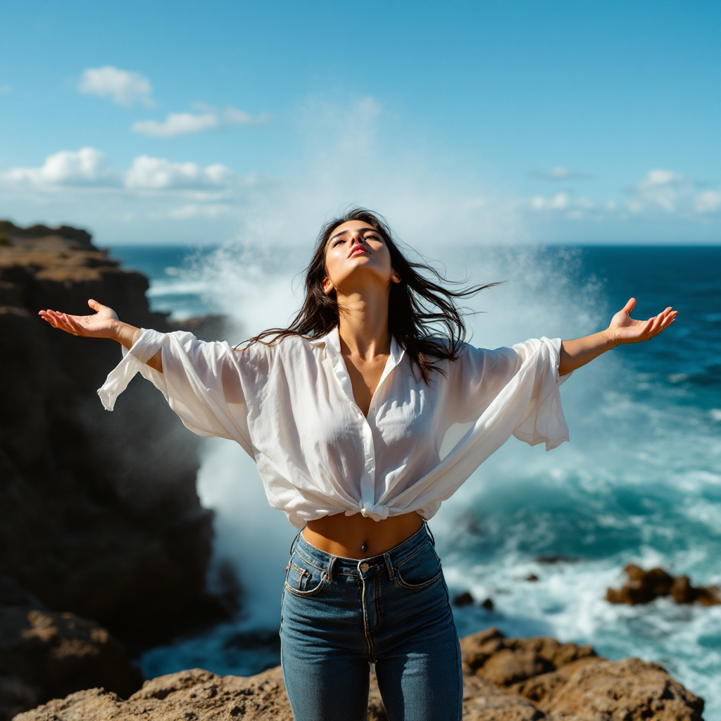 A woman stands on a rocky coastline, arms spread wide, embracing the ocean's spray under a bright blue sky, embodying resilience and strength in facing challenges.