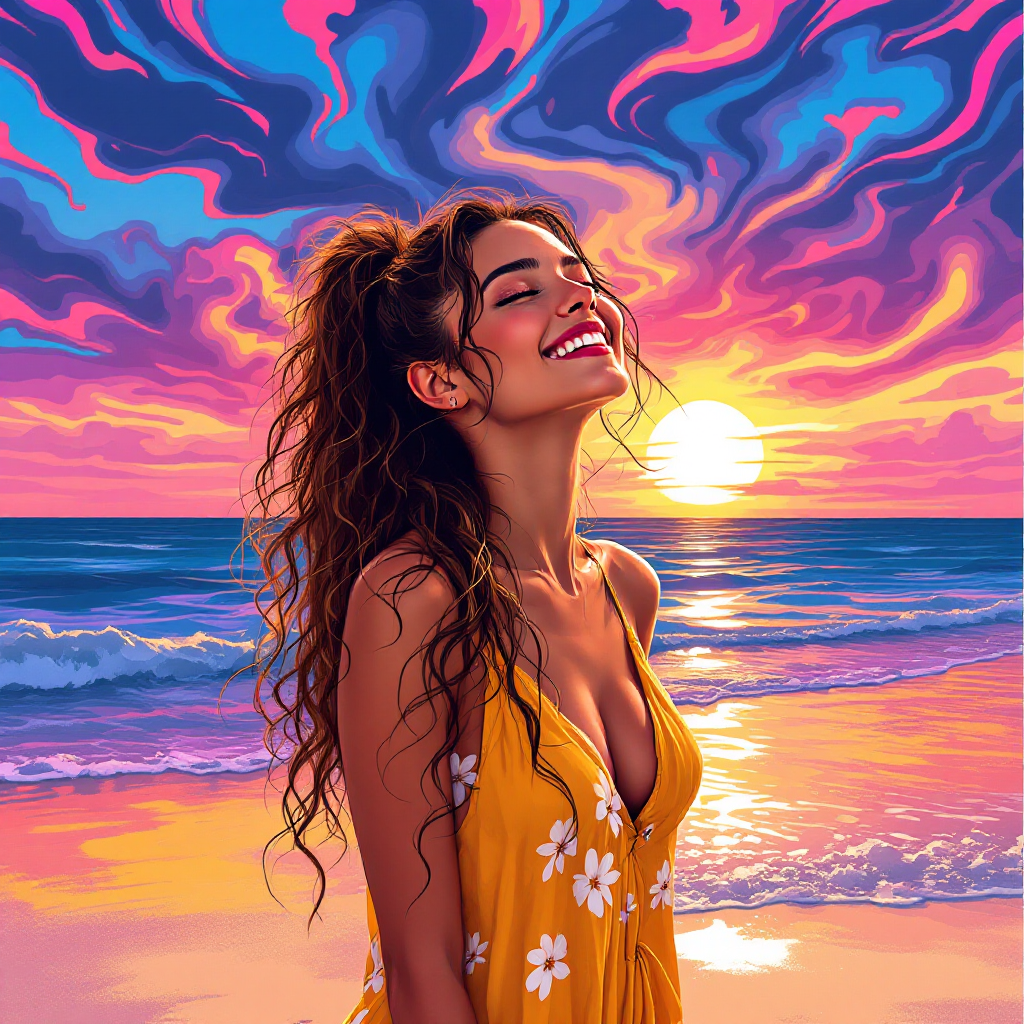 A woman in a bright yellow dress stands by the ocean, smiling joyfully as the sun sets, surrounded by vibrant, swirling clouds of pink and purple, embodying the essence of living in the moment.