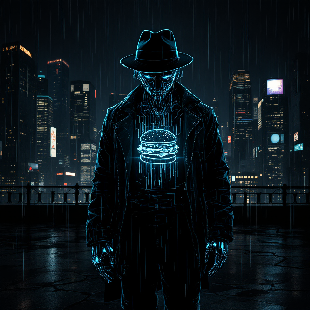 A neon outline of a figure in a trench coat and fedora stands in the rain, with a glowing burger symbol at the center, set against a futuristic city skyline.