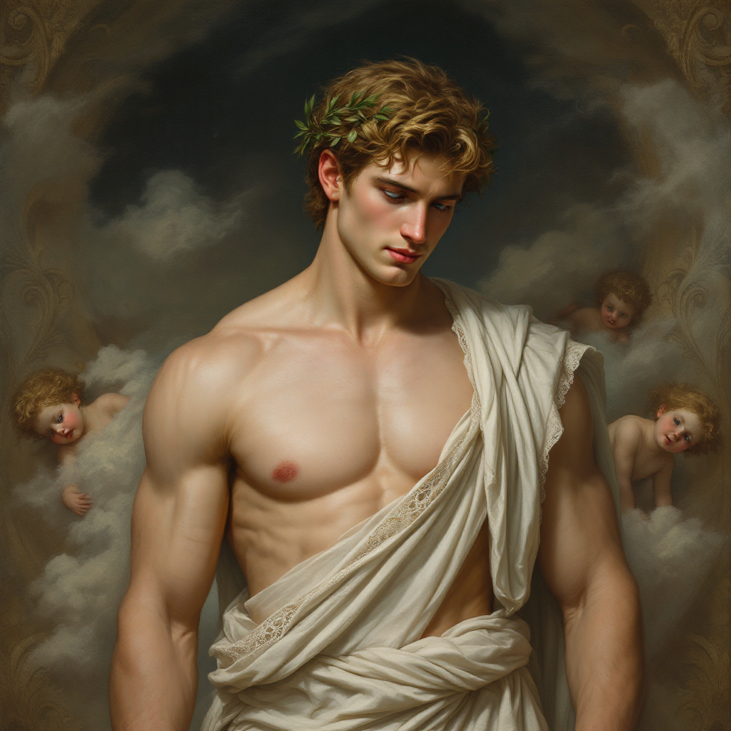 A young man draped in a flowing white robe, exuding strength and compassion, surrounded by ethereal clouds and cherubic figures, embodies the spirit of selflessness reminiscent of Patroclus.