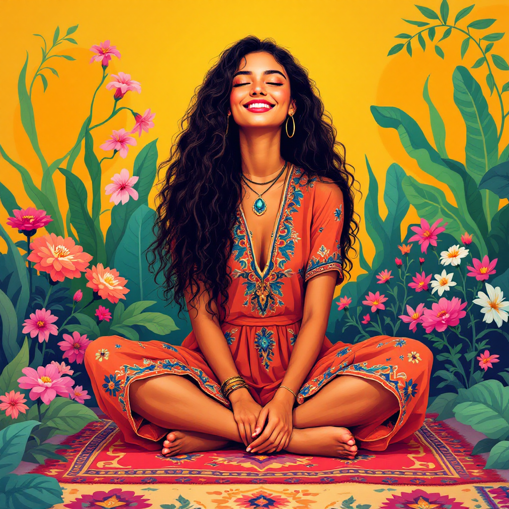 A joyful woman sits cross-legged on a vibrant rug, surrounded by colorful flowers and lush greenery, embodying freedom and self-discovery against a bright yellow backdrop.