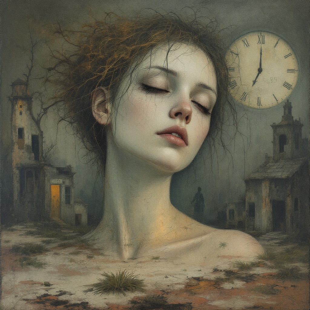 A serene woman with closed eyes stands amidst desolate ruins, her hair resembling twisted branches, while an ominous clock looms, hinting at the fragile boundary between life and death.