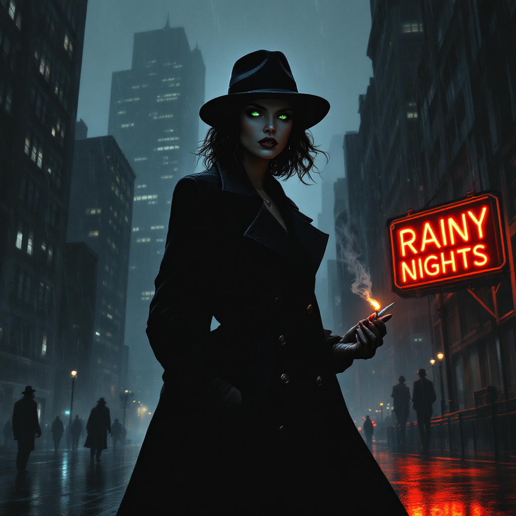 A mysterious figure stands in a rain-soaked city at night, wearing a dark coat and hat, with glowing green eyes and a cigarette, beside a neon sign reading RAINY NIGHTS, embodying resilience in crisis.