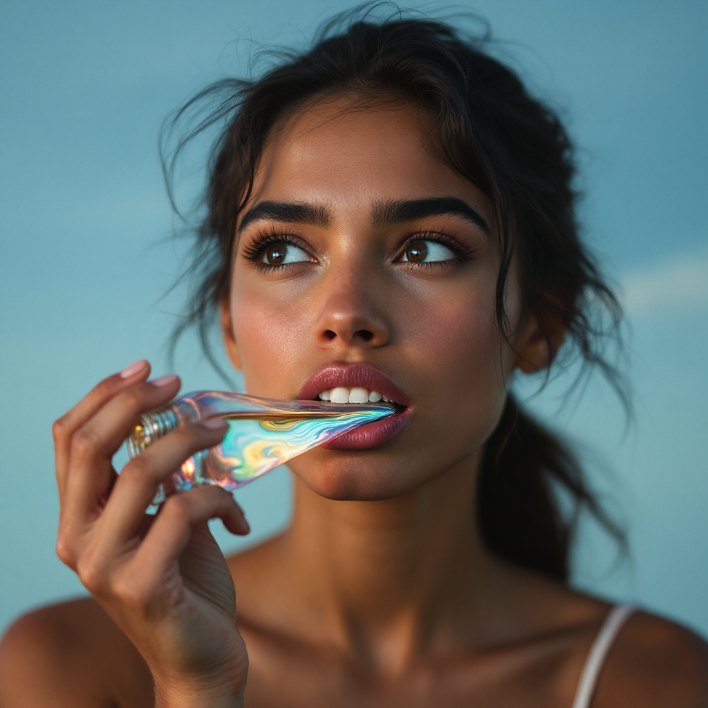 A young woman stands against a soft blue background, holding a colorful, translucent object between her teeth, embodying the metaphor of facing danger without surrendering to it.