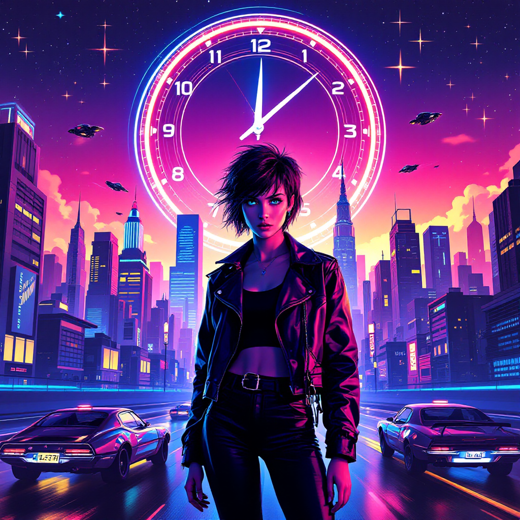 A confident figure stands in a neon-lit cityscape at twilight, with a clock looming above, symbolizing the unpredictability of the future and the challenge of navigating uncertainty.