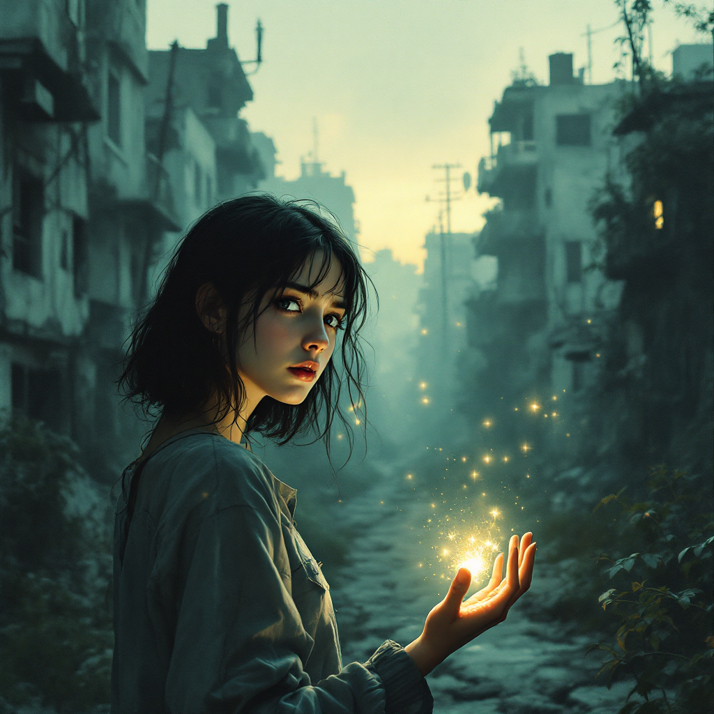 A young woman stands in a desolate, overgrown street, holding a glowing orb of light, symbolizing hope and the potential to change the future despite a troubled past.