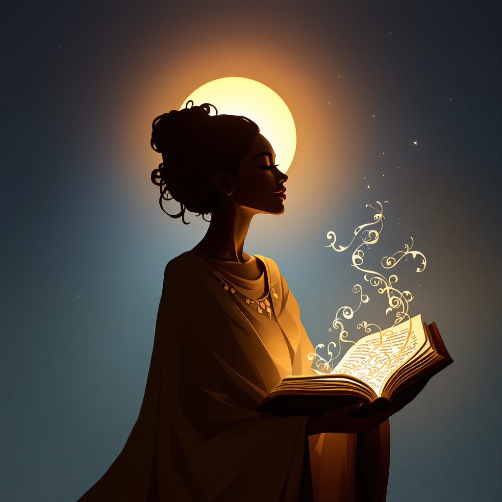 A silhouetted figure holds an open book, emanating a soft glow, with swirling wisps of light rising. A bright sun radiates in the background, symbolizing knowledge as the foundation of power.