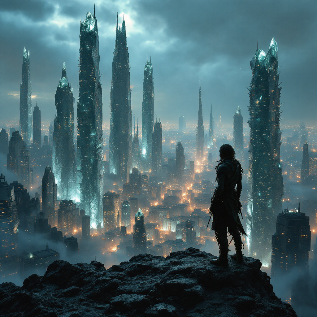 A lone figure stands on a rocky outcrop, overlooking a vast, dystopian cityscape filled with towering, illuminated skyscrapers under a moody, overcast sky. A reflection of survival in a cruel world.