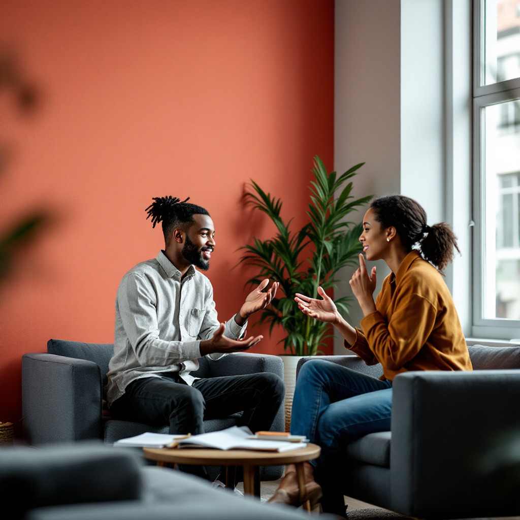 Two individuals engage in a lively discussion in a cozy room, embodying the spirit of debate as a shared journey of learning and growth, surrounded by plants and natural light.